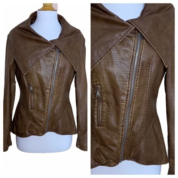 JOUJOU Brown Faux Leather Moto Jacket - Medium - Picture 5 of 10